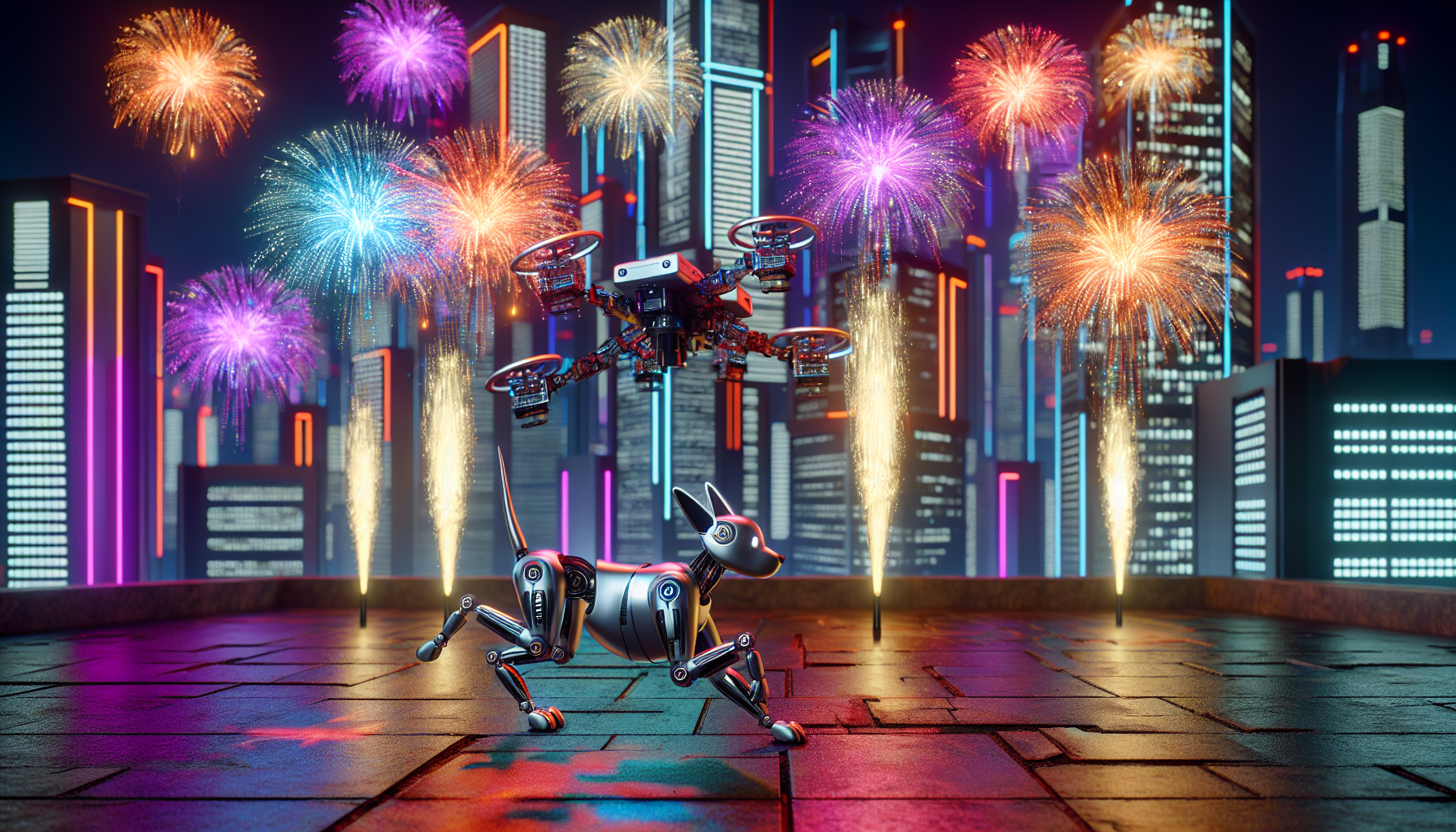 Robot Dog and Drone Battle with Fireworks in Viral Video